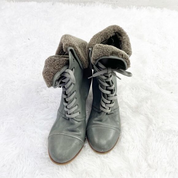 Barbara Bui Shearling Foldover Lace Up Leather Wedge Booties - Picture 6 of 8